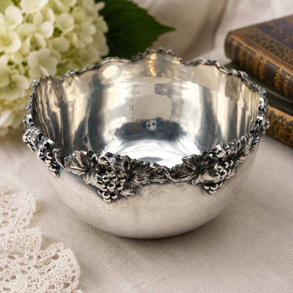 Vintage English Silver Plate Grape Vine Bowl Silver On Copper Fruit Candy Dish